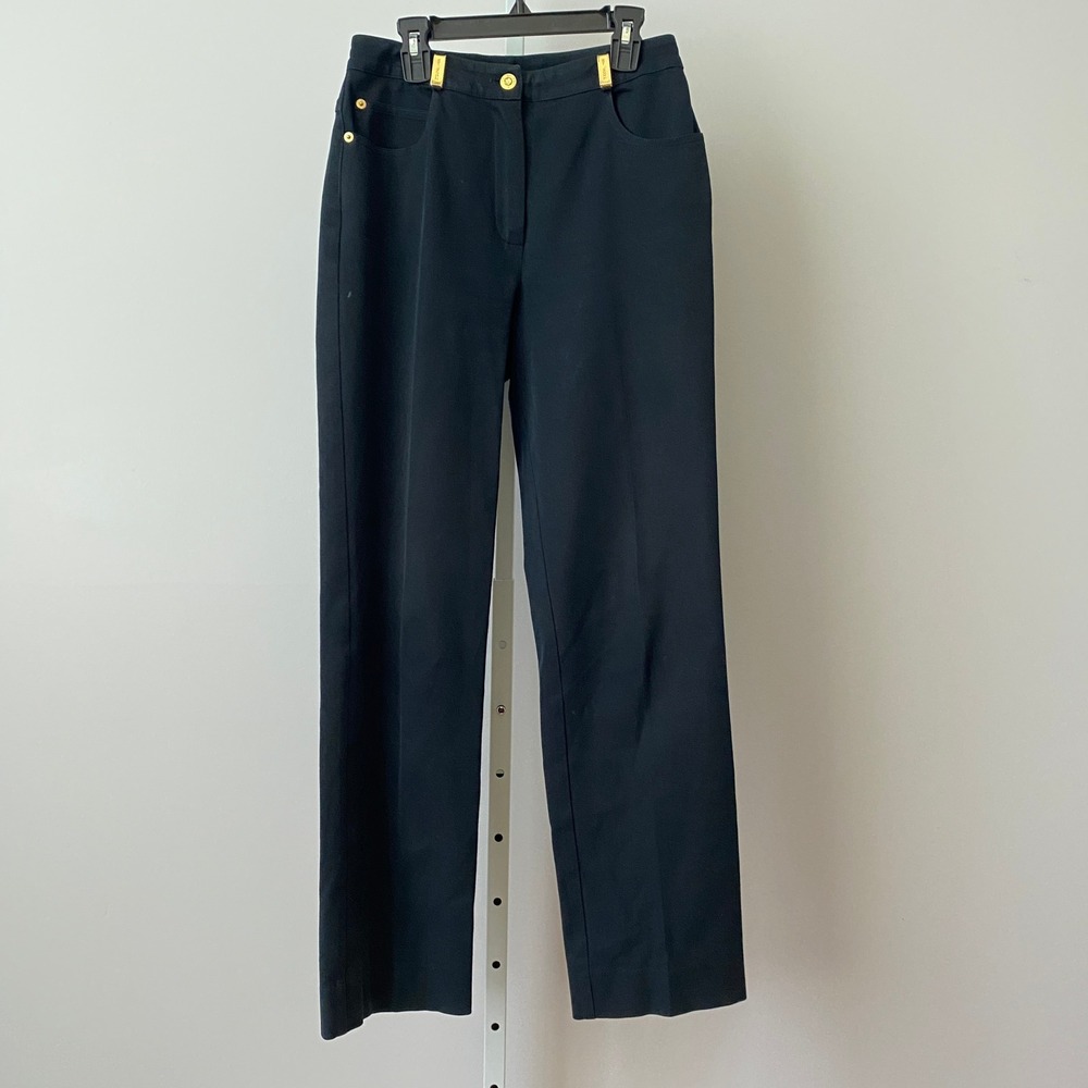 St. John Sport 2 Black Straight Leg Pants Gold Logo Hardware Designer Trousers
